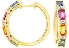 3CT DIAMOND & AAA MULTI GEM 14KT YELLOW GOLD ROUND HUGGIE HOOP HANGING EARRINGS