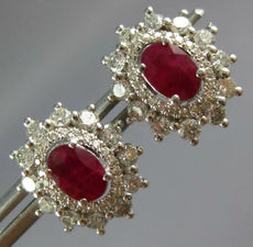 LARGE 2.13CT DIAMOND & AAA RUBY 14K WHITE GOLD OVAL & ROUND FLOWER STUD EARRINGS
