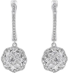 ESTATE .72CT DIAMOND 14KT WHITE GOLD 3D FLOWER HUGGIE HANGING EARRINGS