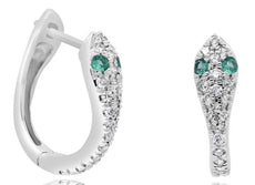 .40CT DIAMOND & AAA EMERALD 18KT WHITE GOLD 3D SNAKE FUN HUGGIE HANGING EARRINGS