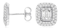 .59CT DIAMOND 14KT WHITE GOLD 3D ROUND & BAGUETTE CLUSTER FLOWER STUD EARRINGS