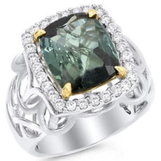 LARGE 5.3CT DIAMOND & AAA GREEN TOURMALINE 18KT 2 TONE GOLD CUSHION & ROUND RING