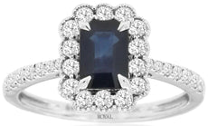 1.56CT DIAMOND & AAA SAPPHIRE 14KT WHITE GOLD EMERALD CUT FLORAL ENGAGEMENT RING