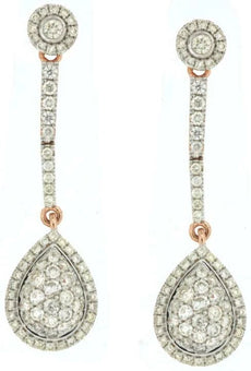 ESTATE 1.05CT DIAMOND 14KT WHITE & ROSE GOLD CLUSTER TEAR DROP HANGING EARRINGS