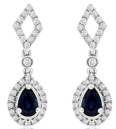 1.54CT DIAMOND & AAA SAPPHIRE 14K WHITE GOLD PEAR SHAPE & ROUND HANGING EARRINGS
