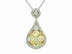 1.07CT WHITE & FANCY YELLOW DIAMOND 14KT WHITE GOLD CLUSTER TEAR DROP PENDANT