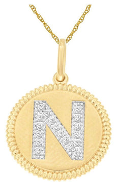 .10CT DIAMOND 14K 2 TONE GOLD N INITIAL ROUND MATTE & SHINY FUN FLOATING PENDANT
