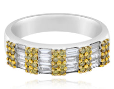 WIDE .96CT WHITE & FANCY YELLOW DIAMOND 18KT WHITE GOLD 3D BAGUETTE & ROUND RING