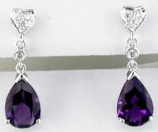 2.34CT DIAMOND & AAA AMETHYST 14K WHITE GOLD PEAR SHAPE & ROUND HANGING EARRINGS