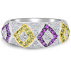 ESTATE 1.21CT DIAMOND & AAA MULTI COLOR SAPPHIRE 14K WHITE GOLD GEOMETRICAL RING