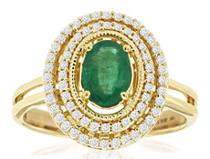 1.03CT DIAMOND & AAA EMERALD 14KT YELLOW GOLD OVAL & ROUND DOUBLE HALO FUN RING