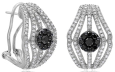 WIDE 1.52CT WHITE & BLACK DIAMOND 14K WHITE GOLD FLOWER CLIP ON HANGING EARRINGS