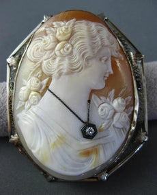ANTIQUE LARGE OLD MINE DIAMOND 14KT WHITE GOLD FILIGREE CAMEO BROOCH PIN #11970