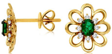 .47CT DIAMOND & AAA EMERALD 14KT YELLOW GOLD OVAL & ROUND FLOWER STUD EARRINGS