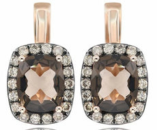 2.92CT MOCHA DIAMOND & AAA SMOKEY TOPAZ 14KT ROSE GOLD CUSHION HANGING EARRINGS
