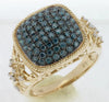 LARGE 1.0CT WHITE & BLUE DIAMOND 14KT YELLOW GOLD 3D SQUARE FILIGREE FUN RING