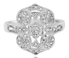 ESTATE .20CT DIAMOND 14KT WHITE GOLD 3D OPEN FILIGREE FLOWER HEXAGON FUN RING