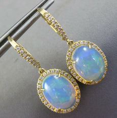 LARGE 8.13CT DIAMOND & AAA OPAL 14KT YELLOW GOLD 3D OVAL HALO HANGING EARRINGS