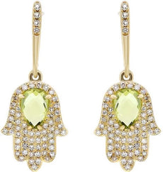 1.51CT DIAMOND & AAA PERIDOT 14K YELLOW GOLD LUCKY HAMSA CHAMSA HANGING EARRINGS