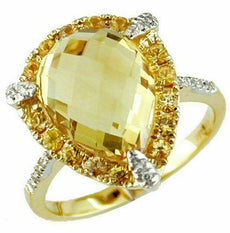 5.35CT DIAMOND & AAA CITRINE 14KT YELLOW GOLD 3D PEAR SHAPE HALO FUN RING
