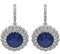 LARGE 13.87CT DIAMOND & AAA SAPPHIRE 18K WHITE GOLD DOUBLE HALO HANGING EARRINGS