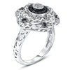 WIDE .28CT WHITE & BLACK DIAMOND 14KT WHITE GOLD OPEN FILIGREE FLOWER FUN RING