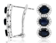 2.98CT DIAMOND & AAA SAPPHIRE 14KT WHITE GOLD 3D OVAL CLIP ON HANGING EARRINGS
