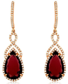 LARGE 8.40CT DIAMOND & AAA RHODOLITE 14KT ROSE GOLD PEAR SHAPE & ROUND EARRINGS