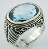 LARGE 11.0CT AAA BLUE TOPAZ 14KT YELLOW GOLD & 925 SILVER OVAL FILIGREE FUN RING