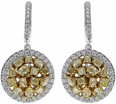 3.07CT WHITE & FANCY YELLOW DIAMOND 18KT 2 TONE GOLD ROUND HALO HANGING EARRINGS