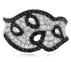 ESTATE WIDE 1.65CT WHITE & BLACK DIAMOND 14KT WHITE GOLD 3D MULTI LEAF FUN RING