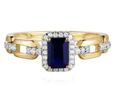 .86CT DIAMOND & AAA SAPPHIRE 14KT YELLOW GOLD 3D EMERALD CUT & ROUND SQUARE RING
