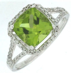 2.55CT DIAMOND & AAA PERIDOT 14KT WHITE GOLD 3D CUSHION & ROUND ENGAGEMENT RING