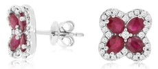 ESTATE 2.0CT DIAMOND & AAA RUBY 14K WHITE GOLD OVAL & ROUND FLOWER STUD EARRINGS