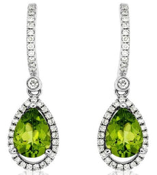 2.62CT DIAMOND & AAA PERIDOT 14KT WHITE GOLD PEAR SHAPE & ROUND HANGING EARRINGS