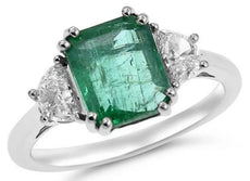 2.98CT DIAMOND & AAA EMERALD 18KT WHITE GOLD SEMI MOON 3 STONE ENGAGEMENT RING