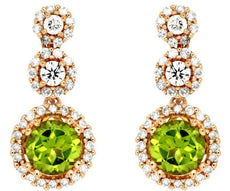 1.45CT DIAMOND & AAA PERIDOT 14KT ROSE GOLD ROUND MULTI FLOWER HANGING EARRINGS