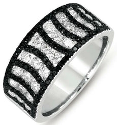 WIDE 1.33CT WHITE & BLACK DIAMOND 14KT WHITE GOLD 3D MULTI ROW CHANNEL FUN RING