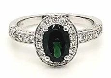 2.11CT DIAMOND & AAA TSAVORITE 18KT WHITE GOLD OVAL & ROUND HALO ENGAGEMENT RING