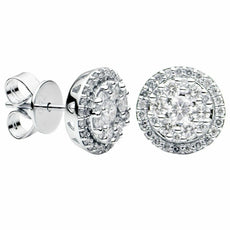 ESTATE .77CT DIAMOND 18KT WHITE GOLD 3D ROUND CLUSTER FLOWER HALO STUD EARRINGS