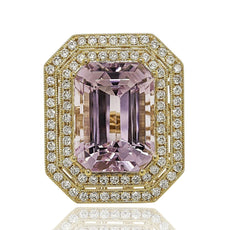 ESTATE EXTRA LARGE 23.60CT DIAMOND & AAA KUNZITE 18K YELLOW GOLD ENGAGEMENT RING