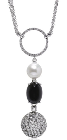 4.62CT DIAMOND & AAA SOUTH SEA PEARL & ONYX 18KT WHITE GOLD LARIAT LOVE NECKLACE