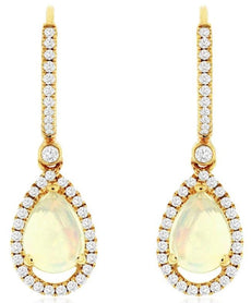 1.82CT DIAMOND & AAA OPAL 14K YELLOW GOLD 3D PEAR SHAPE & ROUND HANGING EARRINGS