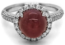 LARGE 5.46CT DIAMOND & AAA RED SAPPHIRE 18T WHITE GOLD CABOCHON ENGAGEMENT RING