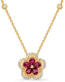 1.14CT DIAMOND & AAA RUBY 14KT YELLOW GOLD 3D FLOWER HALO BY THE YARD NECKLACE