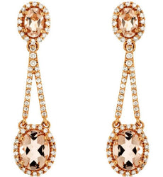 3.47CT DIAMOND & AAA MORGANITE 14KT ROSE GOLD 3D OVAL & ROUND HANGING EARRINGS