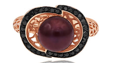 .37CT BLACK DIAMOND & AAA TAHITIAN PEARL 14KT ROSE GOLD OPEN FILIGREE FUN RING