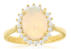 ESTATE 2.06CT DIAMOND & AAA OPAL 14KT YELLOW GOLD OVAL & ROUND FLOWER LOVE RING