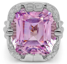 LARGE 41.89CT DIAMOND & AAA KUNZITE 18KT WHITE GOLD CUSHION & ROUND SQUARE RING