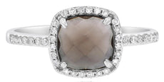 1.49CT DIAMOND & AAA SMOKY QUARTZ 14KT WHITE GOLD CUSHION & ROUND SQUARE RING